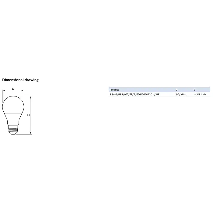 Philips 573238 8.8A19/PER/927/FR/P/E26/D2D/T20 4/1PF A19 bulb