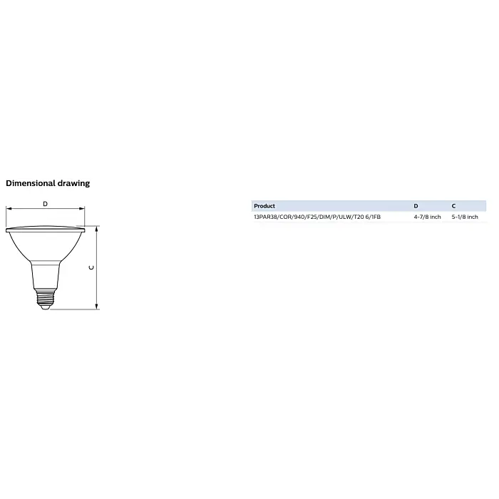 Philips 586156 13PAR38/COR/940/F25/DIM/P/ULW/T20 6/1FB PAR38 bulb