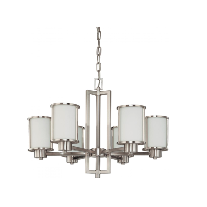 Nuvo 60-2853 Odeon - 6 Light (Convertible Up With Down) Chandelier With Satin White Glass - Brushed Nickel Finish