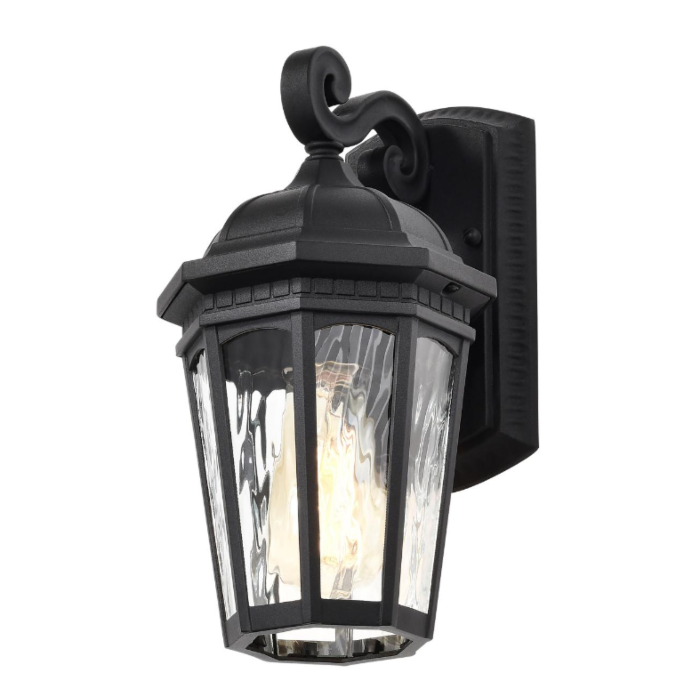Nuvo 60-5945 East River Collection Outdoor 12 inch Small Wall Light; Matte Black Finish with Clear Water Glass