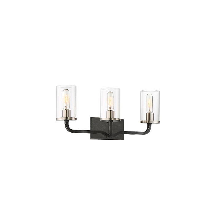 Nuvo 60-6123 Sherwood - 3 LightVanity with Clear Glass -Iron Black Finish with Brushed Nickel Accents