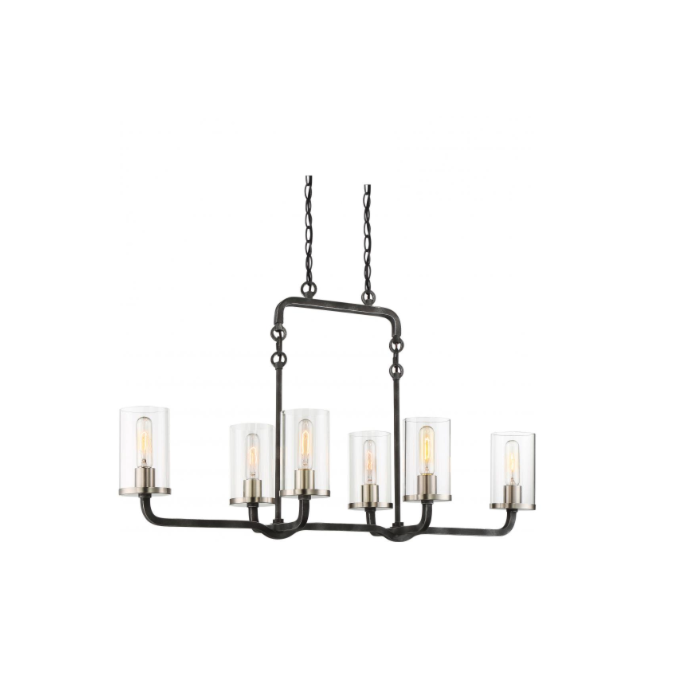 Nuvo 60-6124 Sherwood - 6 Light Island Pendant with Clear Glass -Iron Black Finish with Brushed Nickel Accents