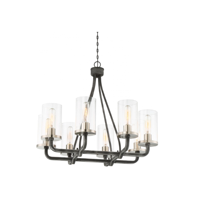 Nuvo 60-6128 Sherwood - 8 Light Chandelier With Clear Glass -Iron Black Finish With Brushed Nickel Accents