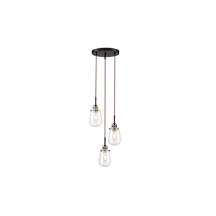 Nuvo 60-6853 Toleo- 3 Light Pendant - With Clear Glass-Black Finish With Vintage Brass Accents - *DISCONTINUED*