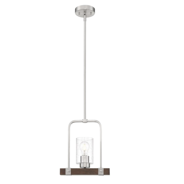 Nuvo 60-6965 - Arabel; 1 Light; Mini Pendant Fixture; Brushed Nickel and Nutmeg Wood Finish with Clear Seeded Glass