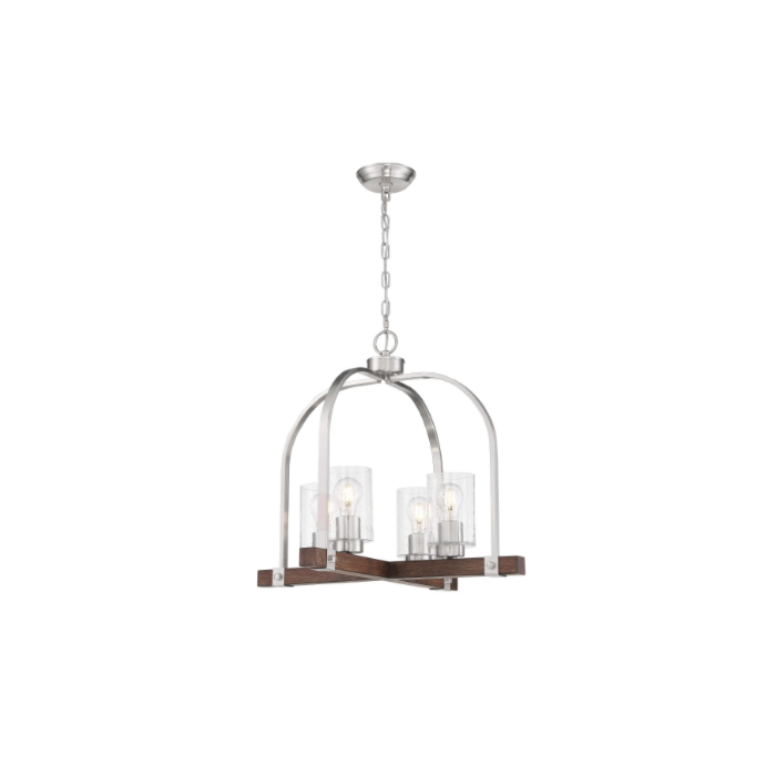 Nuvo 60-6966 Arabel - 4 Light Chandelier - With Clear Seeded Glass - Brushed Nickel And Nutmeg Wood Finish