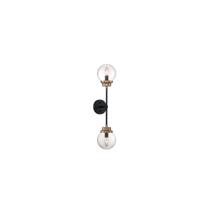 Nuvo 60-7122 Axis - 2 Light Sconce with Clear Glass - Matte Black and Brass Accents Finish