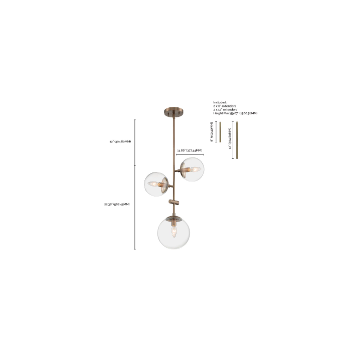 Nuvo 60-7124 Sky - 3 Light Pendant with Clear Glass - Burnished Brass Finish