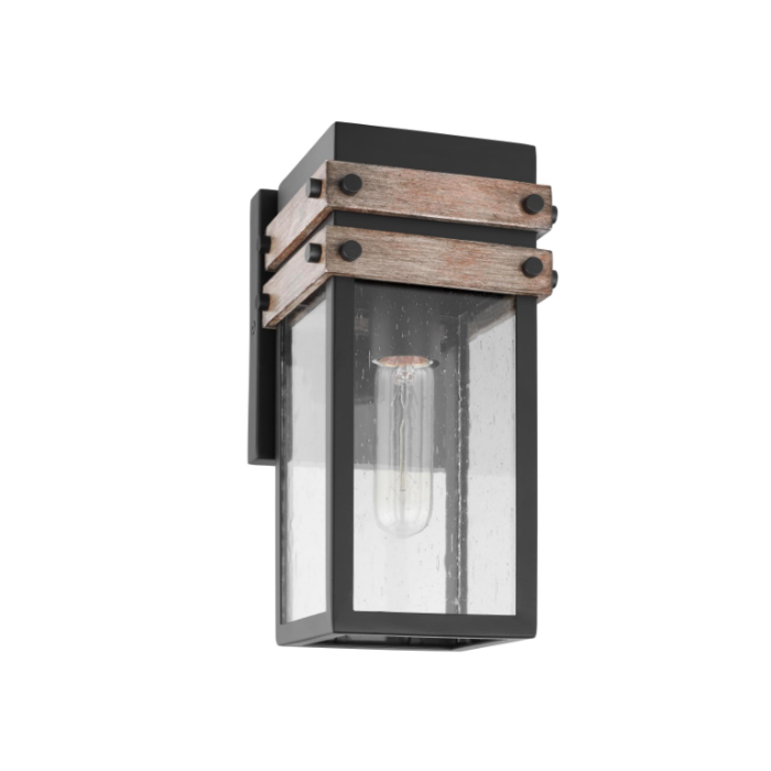 Nuvo 60-7540 Homestead; 1 Light; Small Wall Lantern; Matte Black & Wood Finish with Clear Seeded Glass