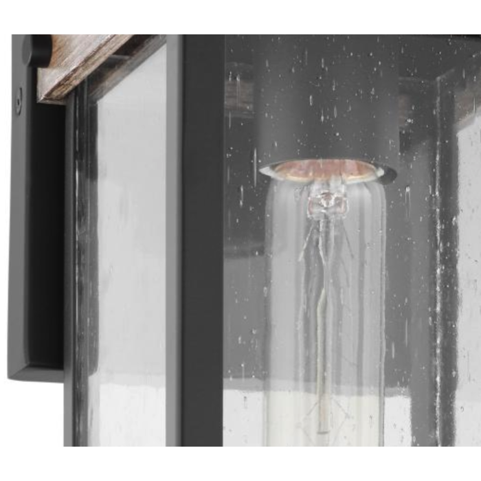 Nuvo 60-7540 Homestead; 1 Light; Small Wall Lantern; Matte Black & Wood Finish with Clear Seeded Glass