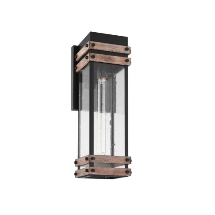 Nuvo 60-7541 Homestead; 1 Light; Medium Wall Lantern; Matte Black & Wood Finish with Clear Seeded Glass