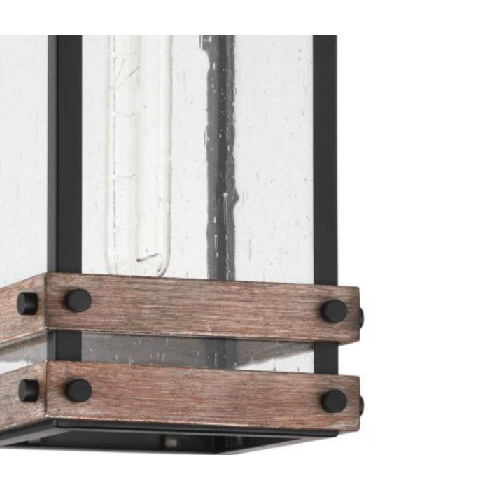 Nuvo 60-7541 Homestead; 1 Light; Medium Wall Lantern; Matte Black & Wood Finish with Clear Seeded Glass
