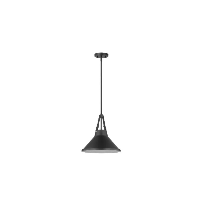 Nuvo 60-7645 Zelda; 1 Light Pendant; Medium Base; 60 Watt; Black Finish; Black Metal Shade; Faux Leather Straps