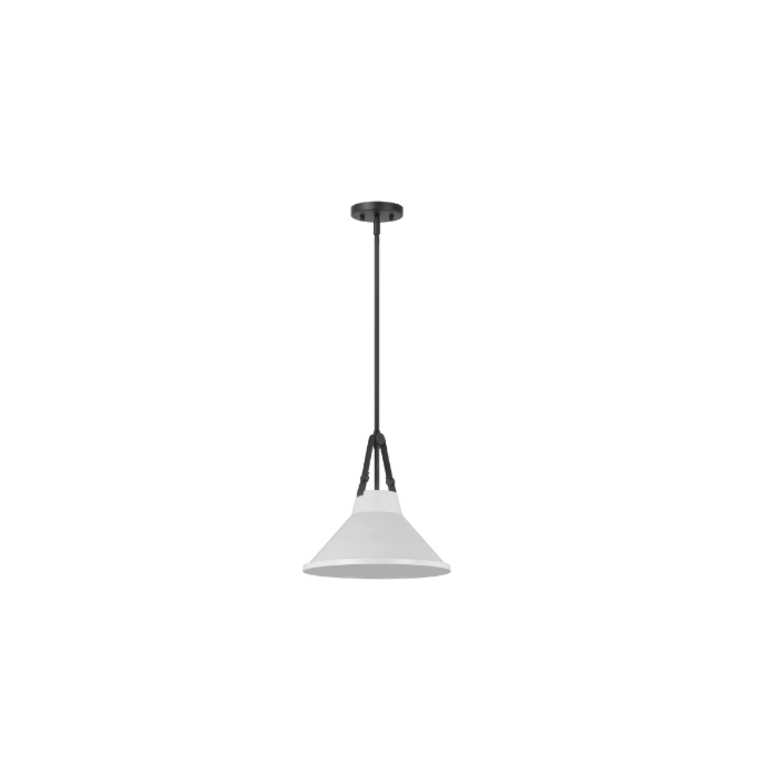 Nuvo 60-7647 Zelda; 1 Light Pendant; Medium Base; 60 Watt; Black Finish; White Metal Shade; Faux Leather Straps