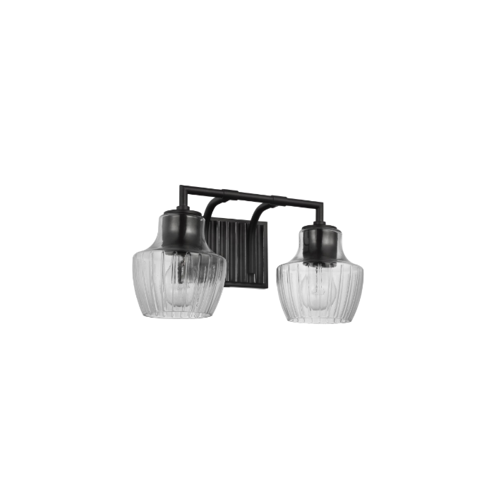 Nuvo 60-7702 Destin; 2 Light Vanity; Medium Base; 60 Watt; Black And Silver Accent Finish; Clear Ribbed Glass