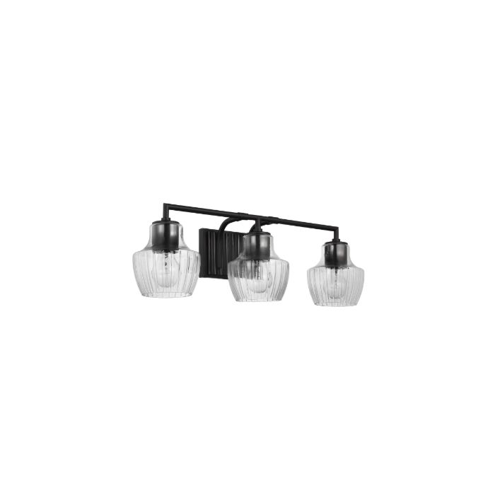Nuvo 60-7703 Destin; 3 Light Vanity; Medium Base; 60 Watt; Black And Silver Accent Finish; Clear Ribbed Glass