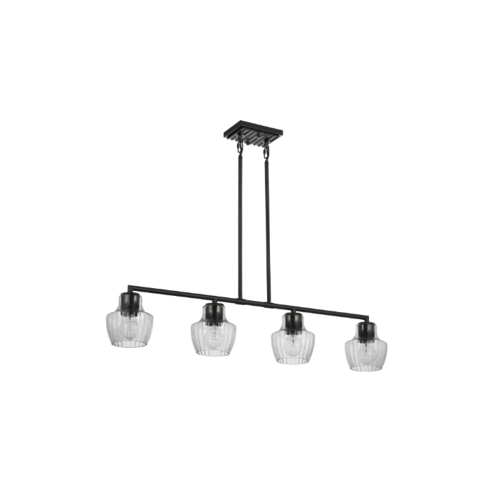 Nuvo 60-7704 Destin; 4 Light Island Pendant; Medium Base; 60 Watt; Black And Silver Accent Finish; Clear Ribbed Glass