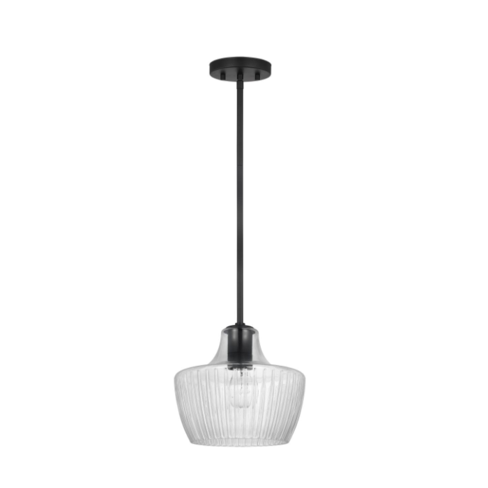 Nuvo 60-7706 Destin; 1 Light Mini Pendant; Medium Base; 60 Watt; Black And Silver Accent Finish; Clear Ribbed Glass