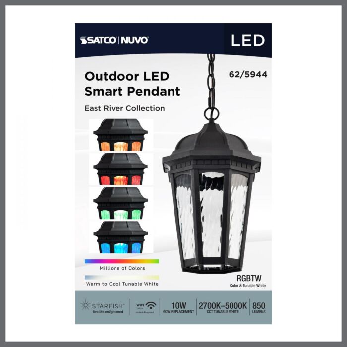 Nuvo 62-5944 East River Collection; 1 Light Outdoor Hanging Fixture; LED; SMART - Starfish RGBTW; CCT Selectable; Matte Black; Clear Water Glass