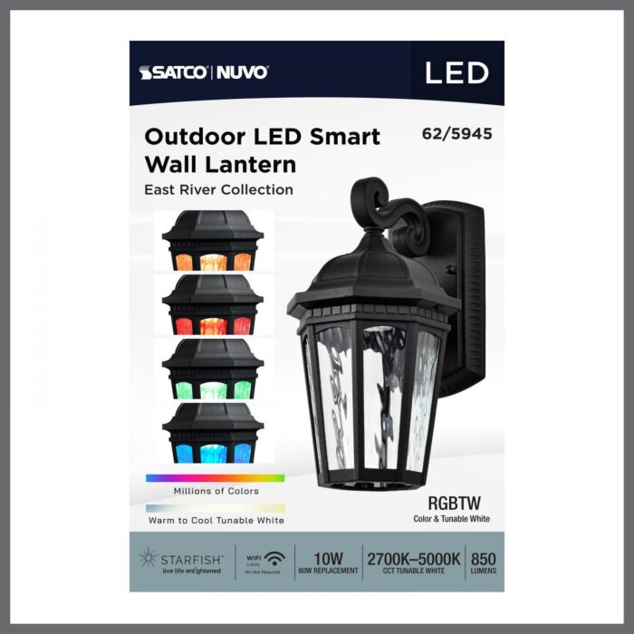 Nuvo 62-5945 East River Collection; 1 Light Outdoor Small Wall Fixture; LED; SMART - Starfish RGBTW; CCT Selectable; Matte Black; Clear Water Glass