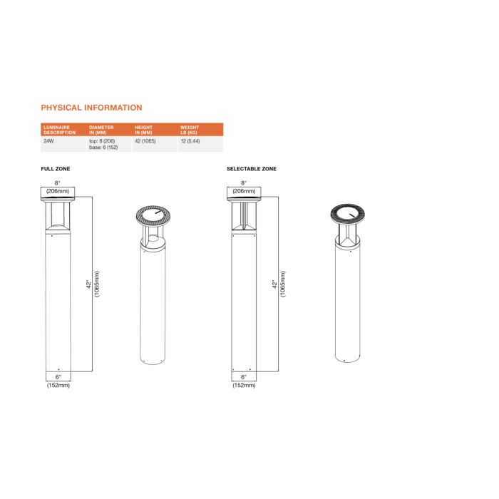 Sylvania 63741 LED Bollard - Zone Selectable - 16/20/24W - 3K/4K/5K - 120-347V - Black