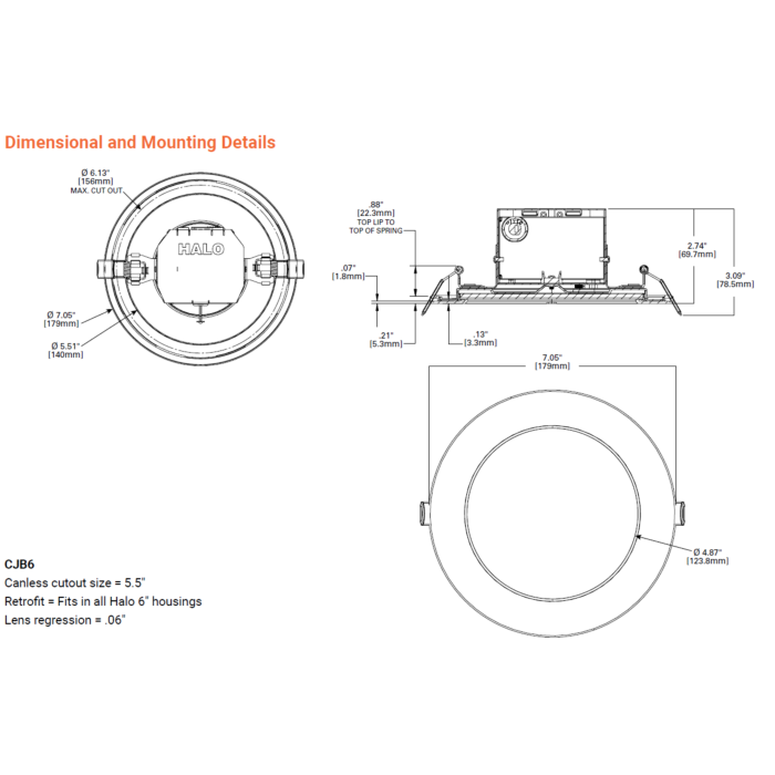 Halo CJB6099FS1EMWR-6PK 6" Recessed Canless Downlight, 2-in-1 Install