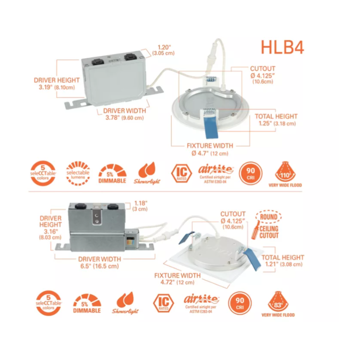 Halo HLB4S069FSE010MWR 4" Downlight, Square, 0-10V, CCT
