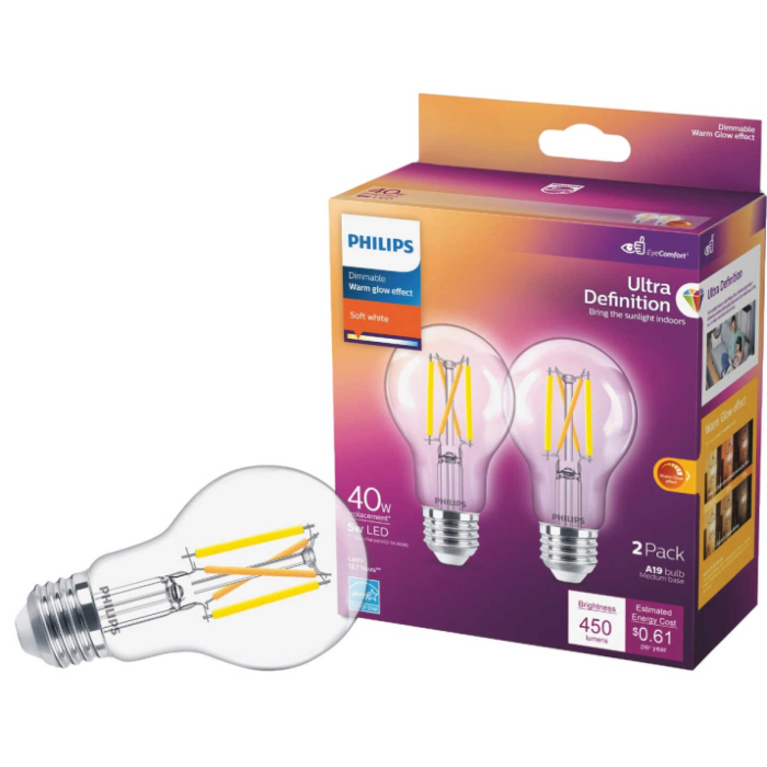Philips 573451 Dimmable A19 LED Bulb - 5A19/PER/UD/CL/G/E26/WGD 4/2PF T20