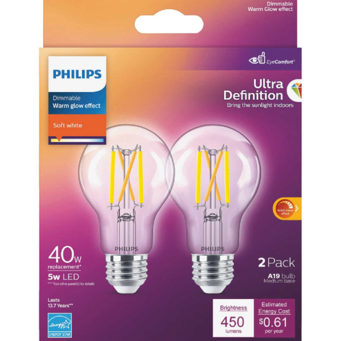 Philips 573451 Dimmable A19 LED Bulb - 5A19/PER/UD/CL/G/E26/WGD 4/2PF T20