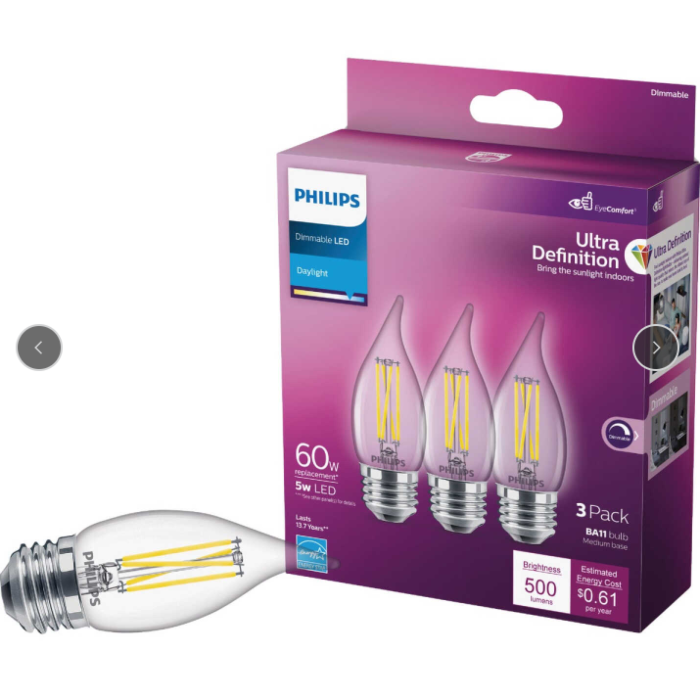 Philips 564922 Dimmable BA11 LED Bulb - 5BA11/PER/UD50/CL/G/E26/D 6/3PF T20