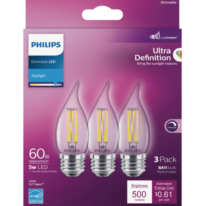 Philips 564922 Dimmable BA11 LED Bulb - 5BA11/PER/UD50/CL/G/E26/D 6/3PF T20
