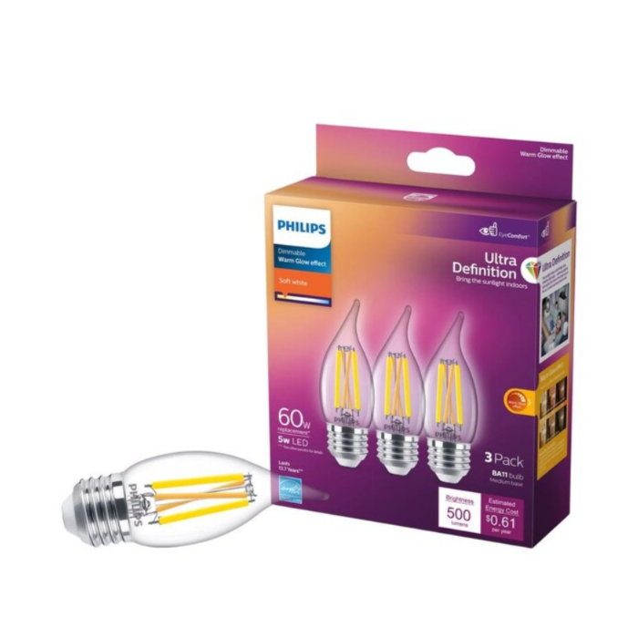 Philips 566695 Dimmable BA11 LED Bulb - 5BA11/PER/UD/CL/G/E26/WGD 6/3PF T20