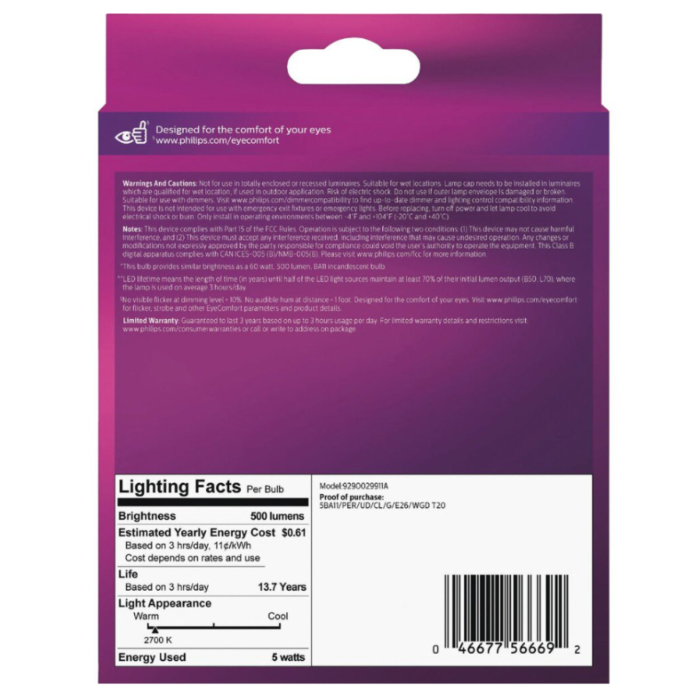 Philips 566695 Dimmable BA11 LED Bulb - 5BA11/PER/UD/CL/G/E26/WGD 6/3PF T20