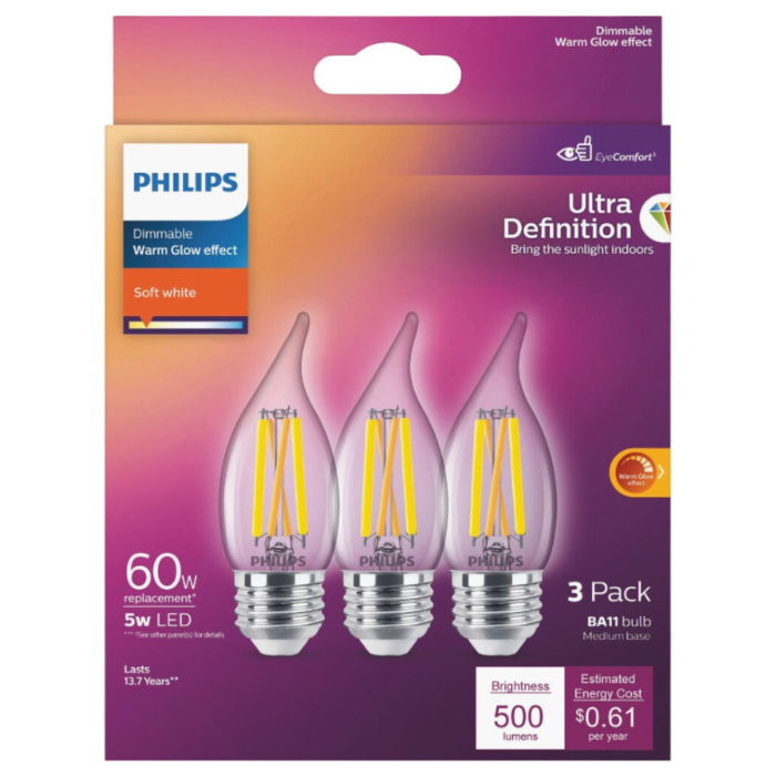 Philips 566695 Dimmable BA11 LED Bulb - 5BA11/PER/UD/CL/G/E26/WGD 6/3PF T20
