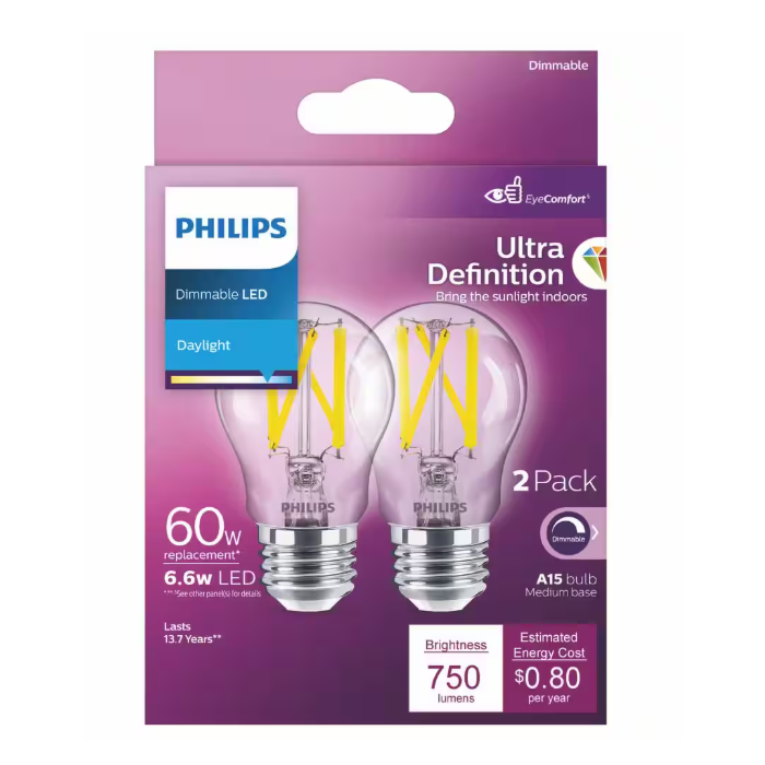 Philips 573402 Dimmable A15 LED Bulb - 6.6A15/PER/UD50/CL/G/E26/DIM2PF T20