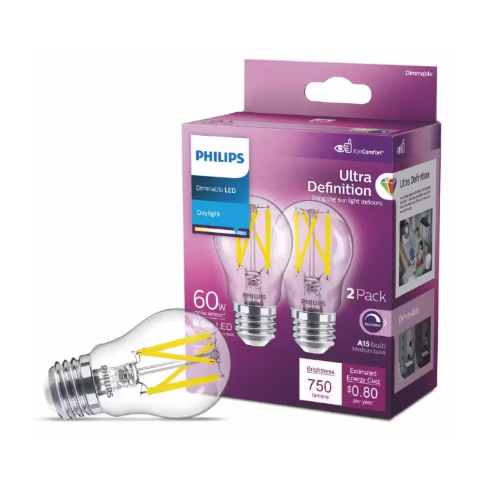 Philips 573402 Dimmable A15 LED Bulb - 6.6A15/PER/UD50/CL/G/E26/DIM2PF T20