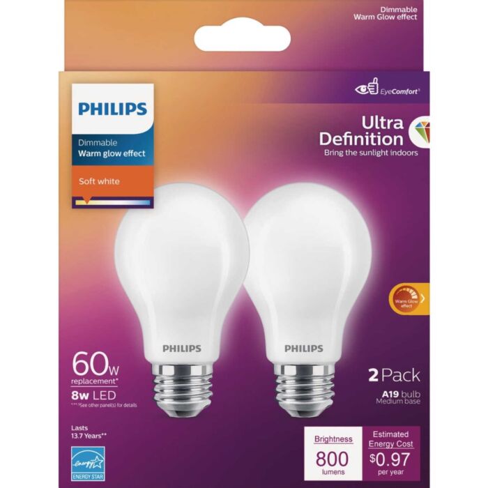 Philips 573436 Ultra Definition Dimmable A19 LED Bulb - 8A19/PER/UD/FR/G/E26/WGD 4/2PF T20