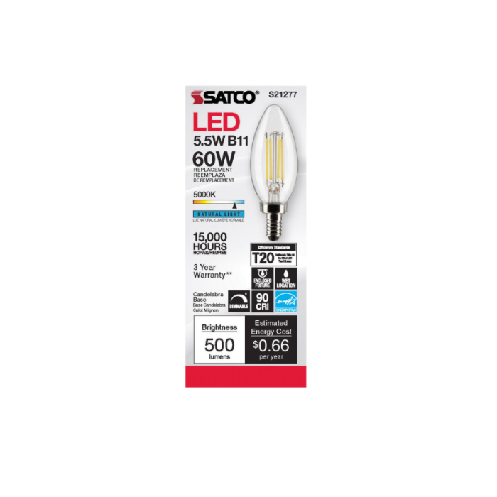 Satco S21277 LED B11 Bulb - 5.5B11/LED/950/CL/120V/E12