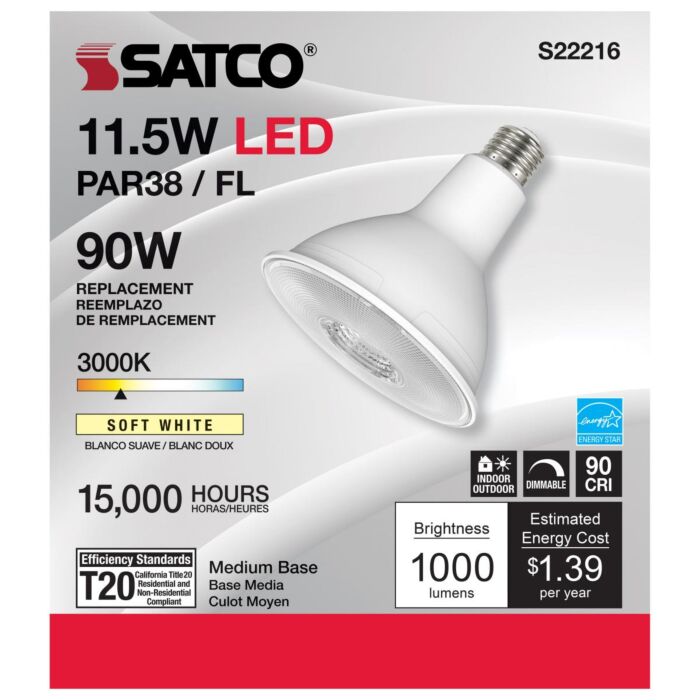 Satco S22216 Par38 3000K Econo LED Lamp - 11.5PAR38/LED/930/FL/120V