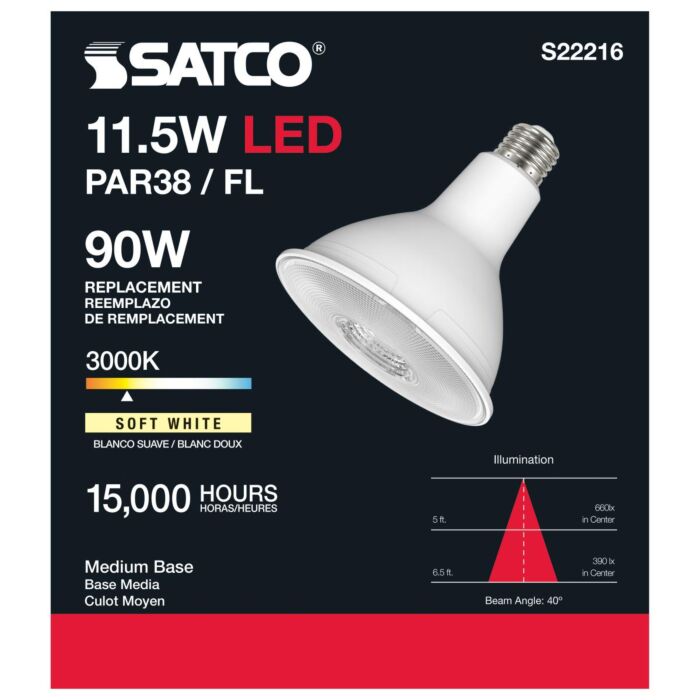 Satco S22216 Par38 3000K Econo LED Lamp - 11.5PAR38/LED/930/FL/120V