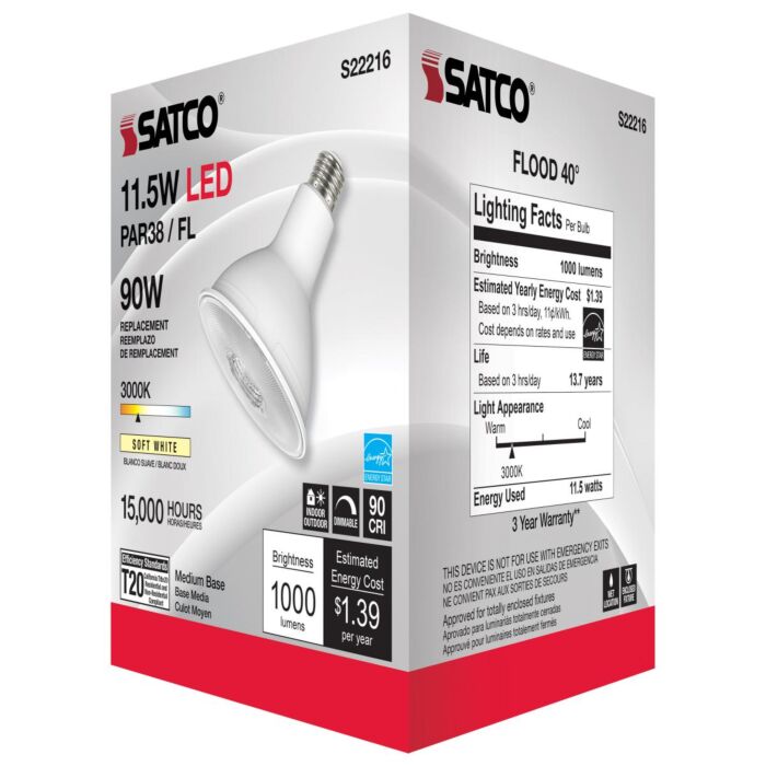 Satco S22216 Par38 3000K Econo LED Lamp - 11.5PAR38/LED/930/FL/120V
