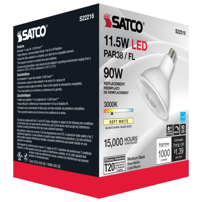 Satco S22216 Par38 3000K Econo LED Lamp - 11.5PAR38/LED/930/FL/120V
