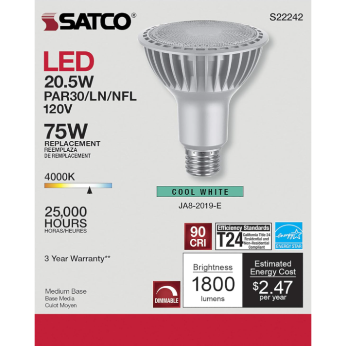 Satco S22242 PAR30 Long Neck High Lumen LED Lamp - 20.5PAR30LN/LED/940/HL/120V/FL