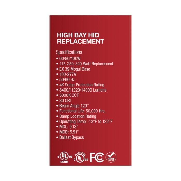 SATCO S33113 100W/LED/HID-HB/5K/100-277V Wattage Selectable HID LED Lamp