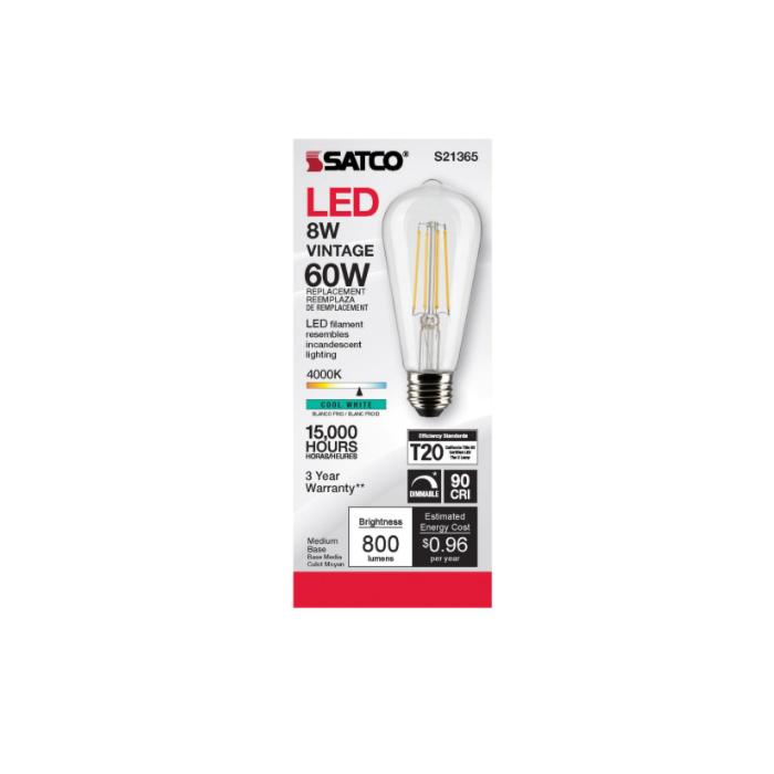 Satco S21365 LED ST19 Bulb - 8ST19/CL/LED/940/E26