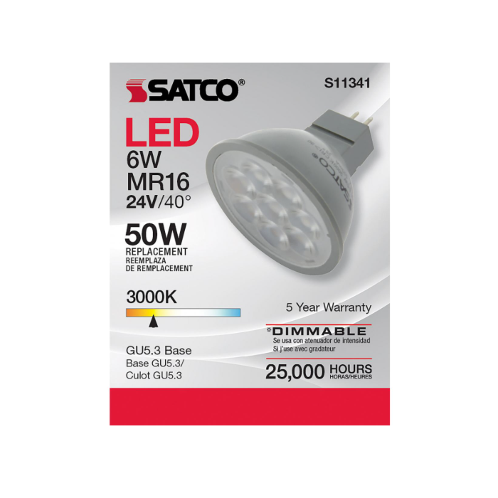 Satco S11341 LED MR16 Bulb - 6MR16/LED/40'/830/24V AC/DC