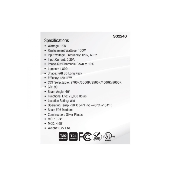 Satco S32240 PAR30 Long Neck High Lumen LED Lamp - 15PAR30LN/5CCT/HL/120V/D