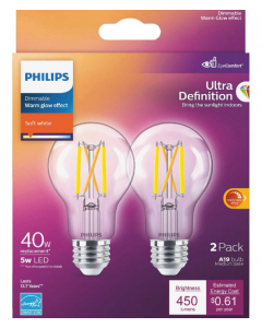 Philips 573451 Dimmable A19 LED Bulb - 5A19/PER/UD/CL/G/E26/WGD 4/2PF T20