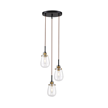 Nuvo 60-6853 Toleo- 3 Light Pendant - With Clear Glass-Black Finish With Vintage Brass Accents - *DISCONTINUED*