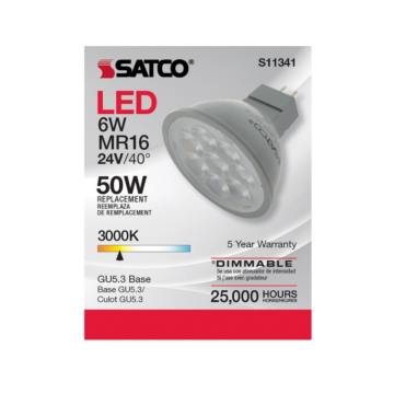 Satco S11341 LED MR16 Bulb - 6MR16/LED/40'/830/24V AC/DC